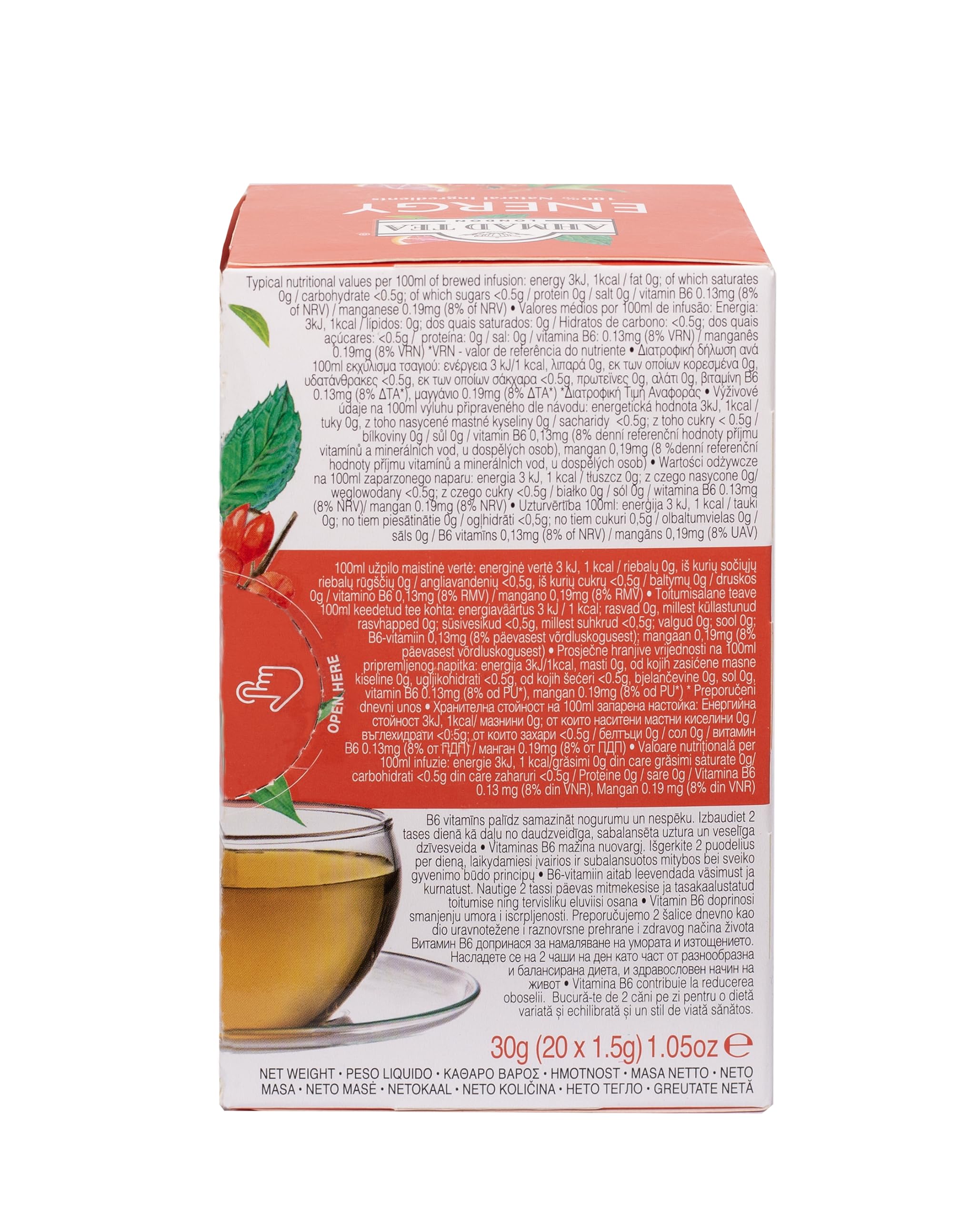 Ahmad Tea Herbal Tea, Grapefruit, Mate, Guarana Seed, & Vitamin B6 'Energy' Natural Benefits Teabags, 20 ct (Pack of 6) - Caffeinated & Sugar-Free - Image 3