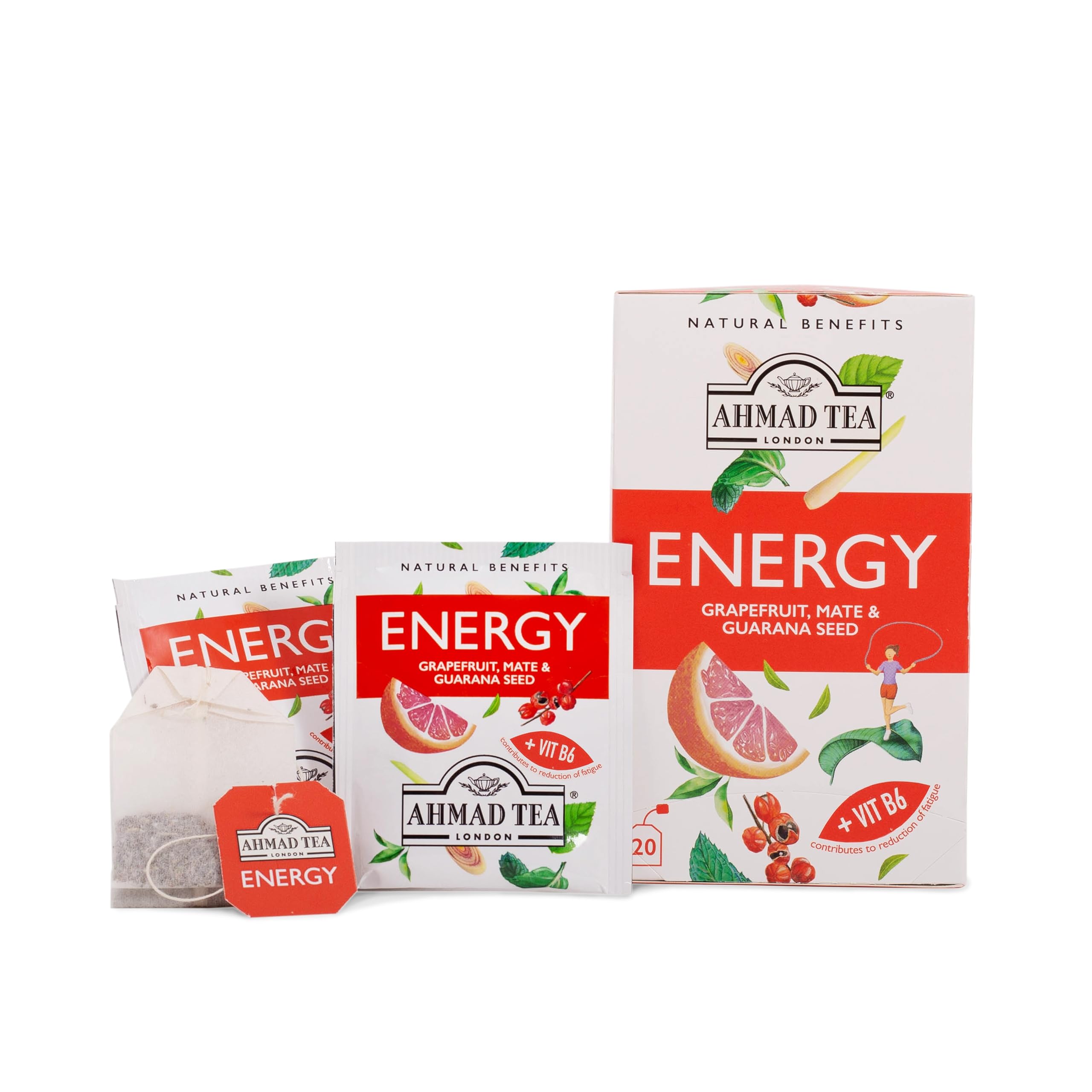 Ahmad Tea Herbal Tea, Grapefruit, Mate, Guarana Seed, & Vitamin B6 'Energy' Natural Benefits Teabags, 20 ct (Pack of 6) - Caffeinated & Sugar-Free - Image 4