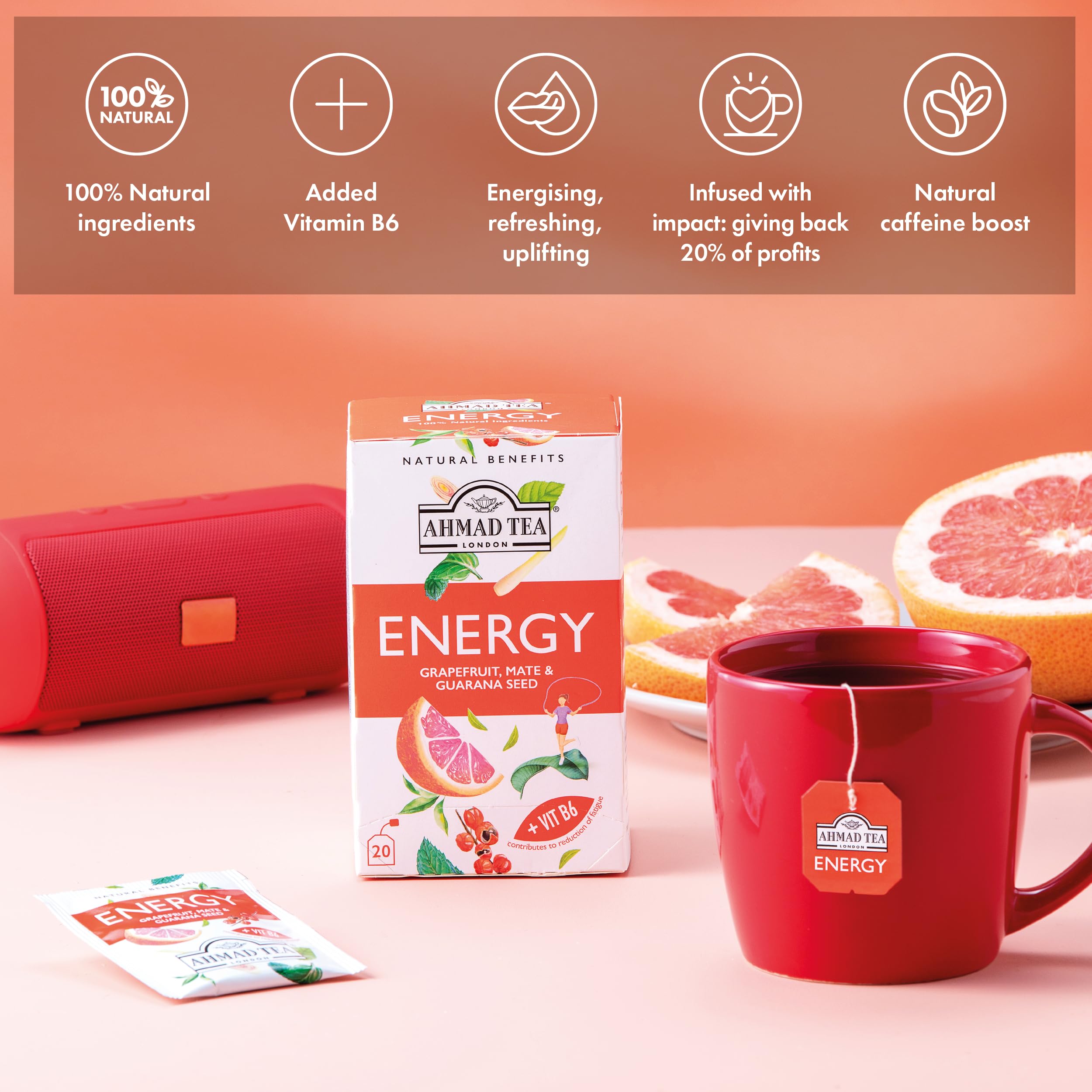 Ahmad Tea Herbal Tea, Grapefruit, Mate, Guarana Seed, & Vitamin B6 'Energy' Natural Benefits Teabags, 20 ct (Pack of 6) - Caffeinated & Sugar-Free - Image 6
