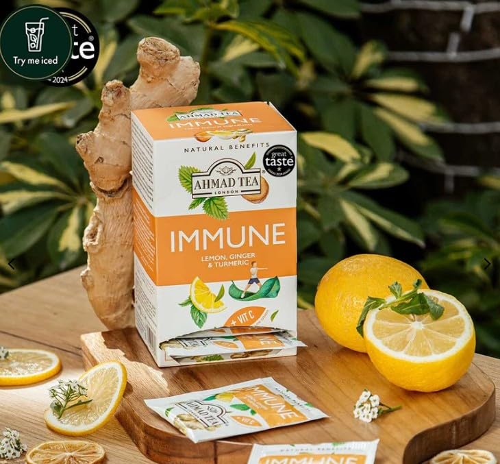 Ahmad Tea Herbal Tea, Lemon, Ginger, Turmeric, & Vitamin C 'Immune' Natural Benefits Teabags, 20 ct (Pack of 6) - Decaffeinated & Sugar-Free - Image 3