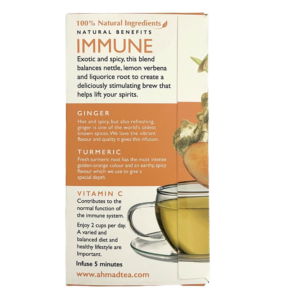 Ahmad Tea Herbal Tea, Lemon, Ginger, Turmeric, & Vitamin C 'Immune' Natural Benefits Teabags, 20 ct (Pack of 6) - Decaffeinated & Sugar-Free - Image 4