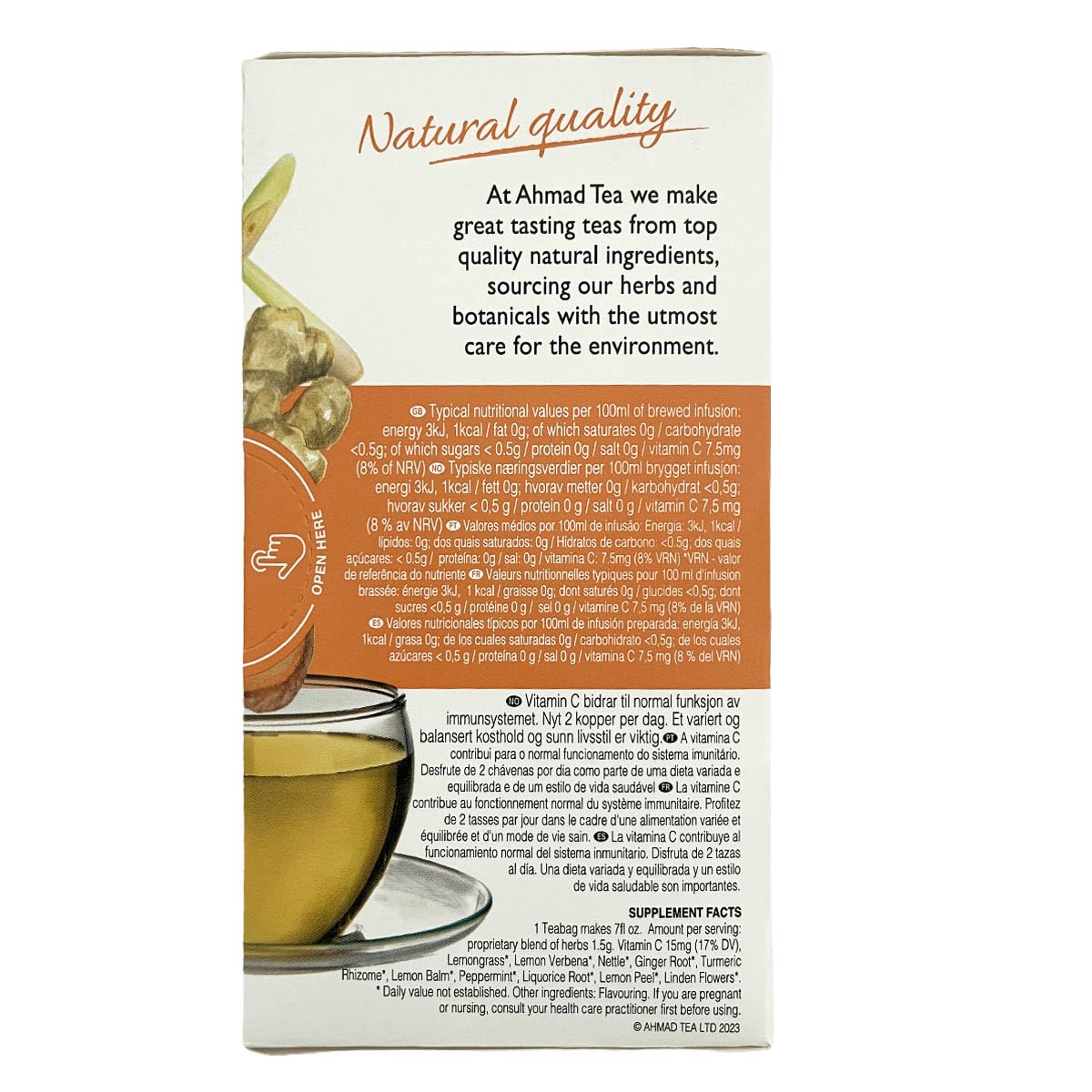 Ahmad Tea Herbal Tea, Lemon, Ginger, Turmeric, & Vitamin C 'Immune' Natural Benefits Teabags, 20 ct (Pack of 6) - Decaffeinated & Sugar-Free - Image 5