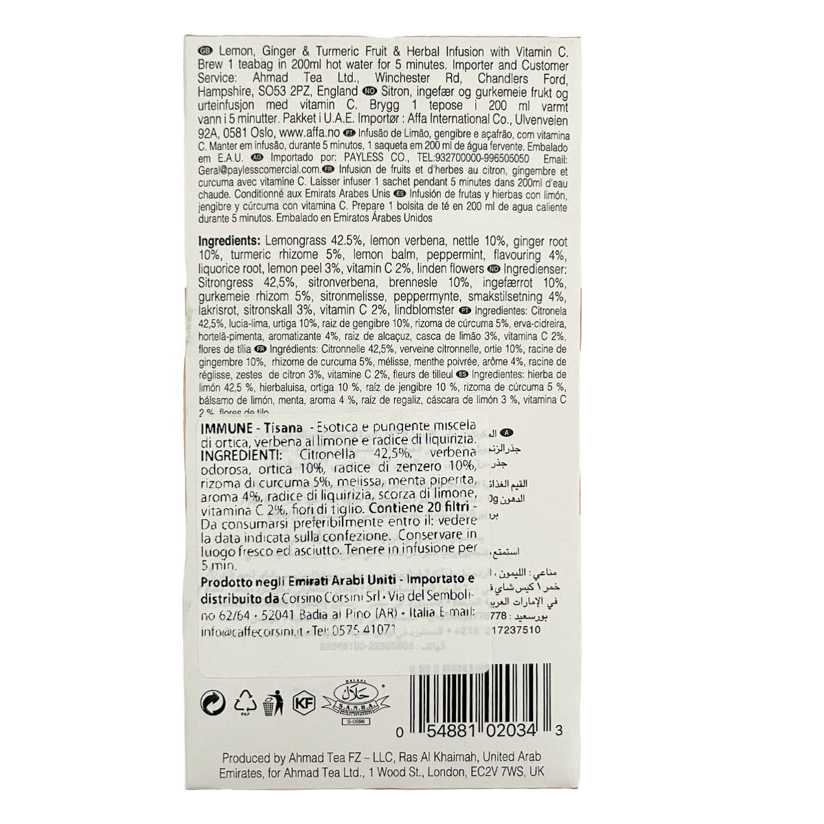 Ahmad Tea Herbal Tea, Lemon, Ginger, Turmeric, & Vitamin C 'Immune' Natural Benefits Teabags, 20 ct (Pack of 6) - Decaffeinated & Sugar-Free - Image 6