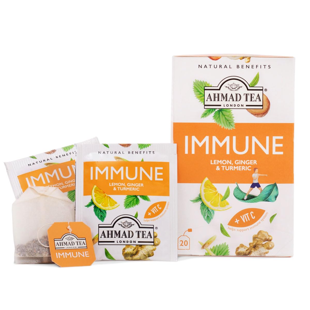Ahmad Tea Herbal Tea, Lemon, Ginger, Turmeric, & Vitamin C 'Immune' Natural Benefits Teabags, 20 ct (Pack of 6) - Decaffeinated & Sugar-Free - Image 7